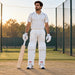 MRF Power 3.0 white batting leg guards worn by a mens cricketer on a practice pitch