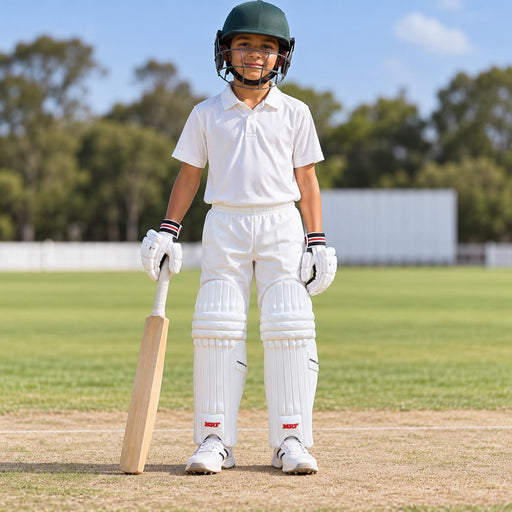 MRF Power 3.0 white batting leg guards worn by a junior cricketer on a practice pitch