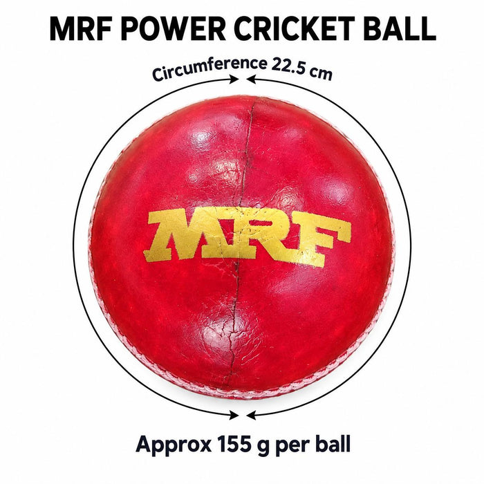 MRF Power red cricket ball - circumference 22.5 cm - approximately 155 g per ball