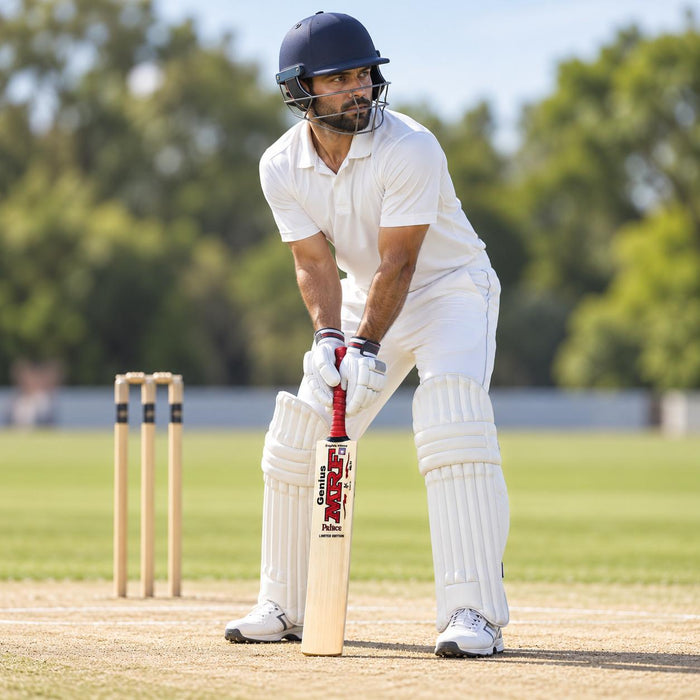 MRF Prince Limited Edition English Willow Cricket Bat - SH shown held in a batting guard with full cricket protective equipment