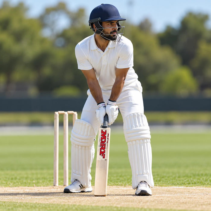 MRF Prince Warrior Edition English Willow Cricket Bat - SH shown held in a batting guard with full cricket protective equipment