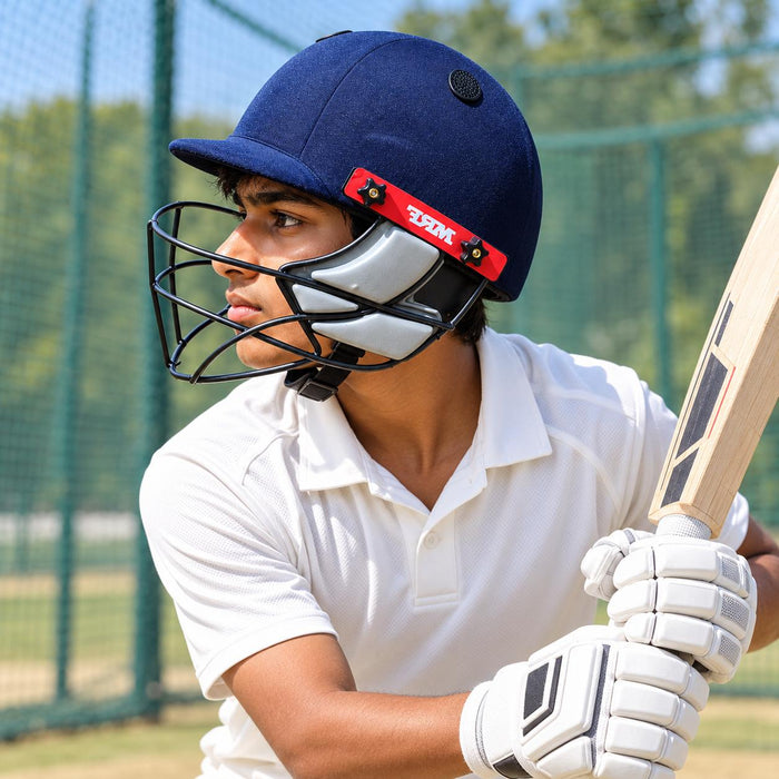 Junior batter preparing at practice nets wearing the MRF Prodigy cricket helmet