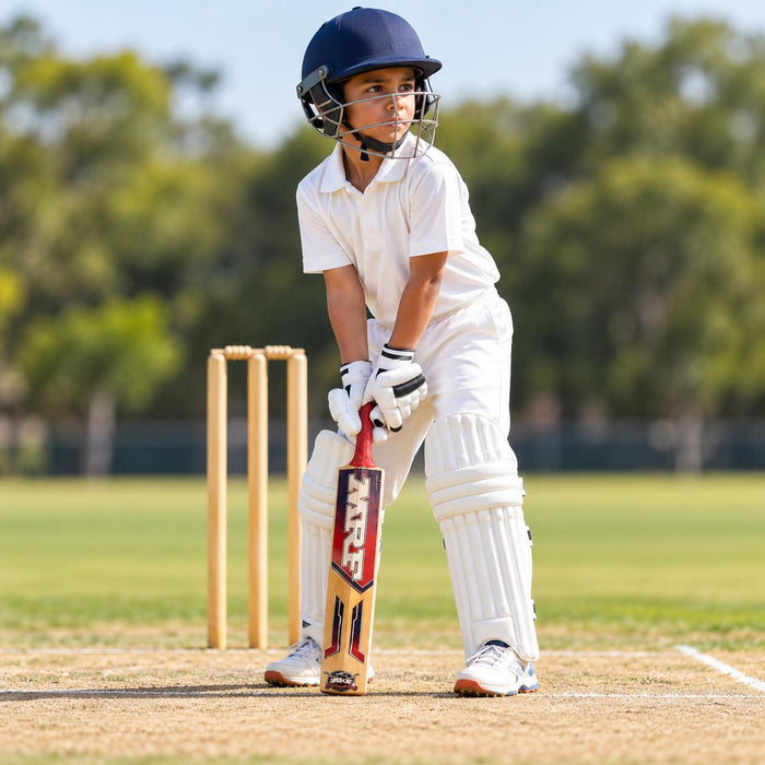 MRF Prodigy Kashmir Willow Cricket Bat - Junior Size 3 shown held in a batting guard with full cricket protective equipment
