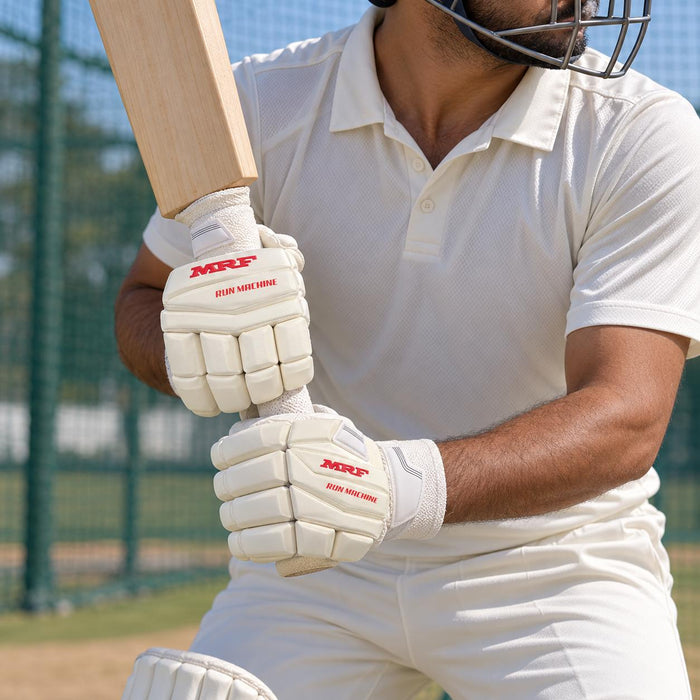 Cricketer using MRF Run Machine Batting Gloves - Mens Left Hand - wrist fastening and fit