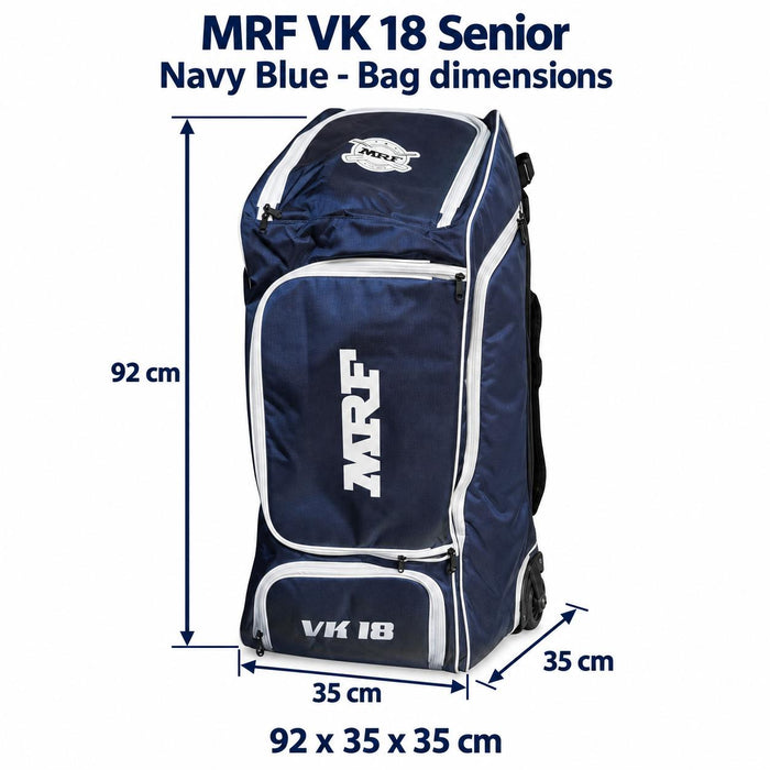MRF VK 18 Senior Navy Blue kit bag dimensions with arrows: 92 x 35 x 35 cm
