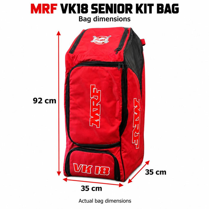 MRF VK18 Senior Red cricket kit bag dimensions - 92 cm length, 35 cm width and 35 cm depth with measurement arrows