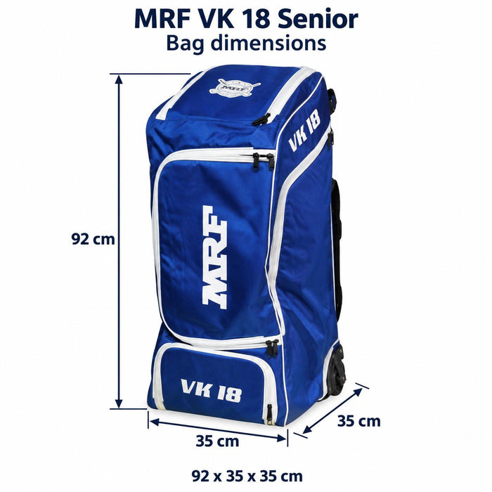 MRF VK 18 Senior Royal Blue kit bag dimensions with arrows: 92 x 35 x 35 cm