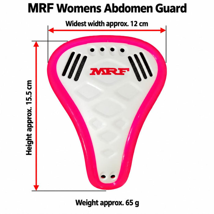 MRF Womens abdomen guard with red arrows showing height approx. 15.5 cm and widest width approx. 12 cm, with weight approx. 65 g