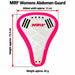 MRF Womens abdomen guard with red arrows showing height approx. 15.5 cm and widest width approx. 12 cm, with weight approx. 65 g