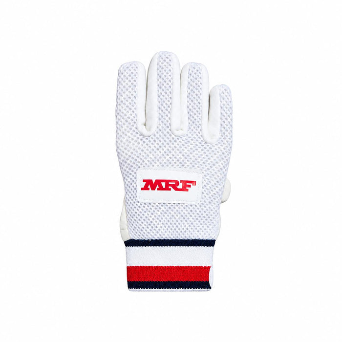 MRF Youth wicket keeping inner glove mesh back with red MRF logo and towel wristband
