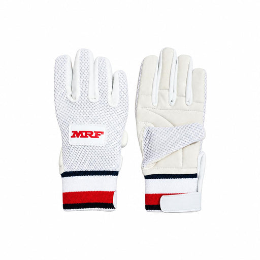 MRF Youth wicket keeping inner gloves pair showing the mesh back, padded palm and red and navy wristbands