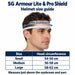 SG Armour Lite and Pro Shield helmet size guide with head circumference arrow - Small 54-56 cm, Medium 56-58 cm and Large 58-62 cm