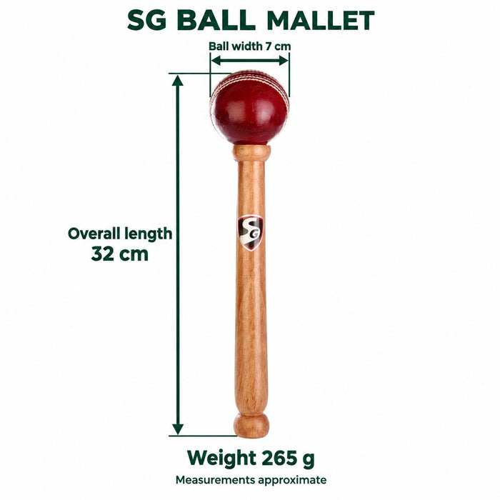 SG ball mallet dimensions showing 32 cm overall length, 7 cm ball width and 265 g weight