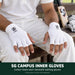 Batter wearing SG Campus white fingerless cotton inner gloves correctly on both hands, with fingertips and thumbs exposed and SG logos on the backs