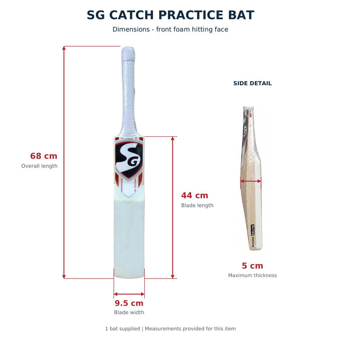SG Catch Practice Bat front foam face dimensions: overall length 68 cm, blade length 44 cm, width 9.5 cm, maximum thickness 5 cm shown in side detail
