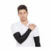 SG Century black cricket arm sleeves worn with a white short-sleeved polo - front view