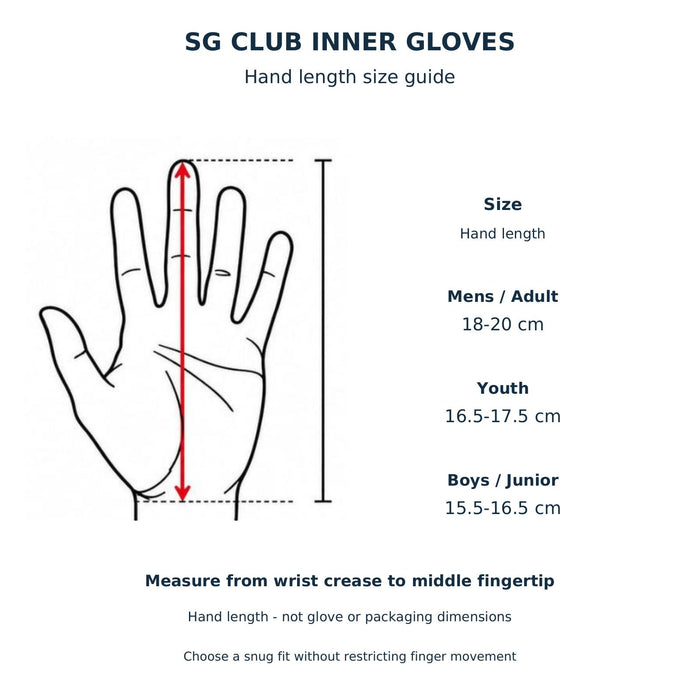 SG Club inner gloves size chart with wrist-to-middle-fingertip arrows - Mens 18-20 cm, Youth 16.5-17.5 cm and Boys 15.5-16.5 cm