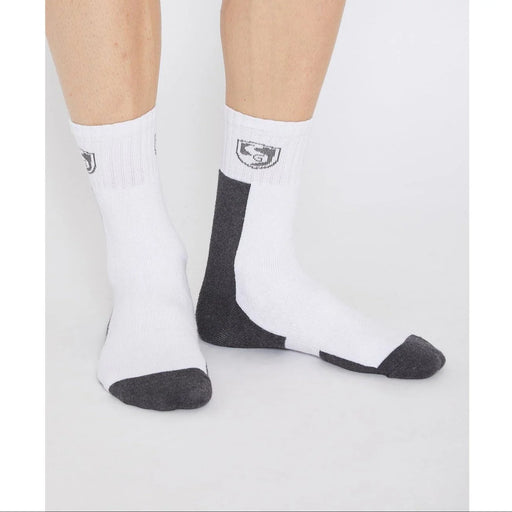 SG Club white cricket socks with dark heel and toe panels and SG branding