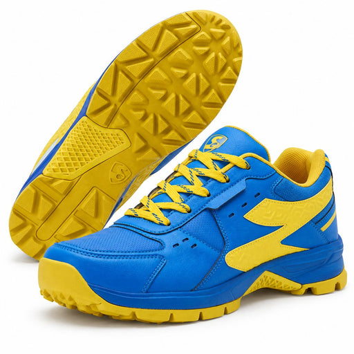 SG Club Evo Blue/Yellow Cricket Shoes - pair showing front upper and complete sole