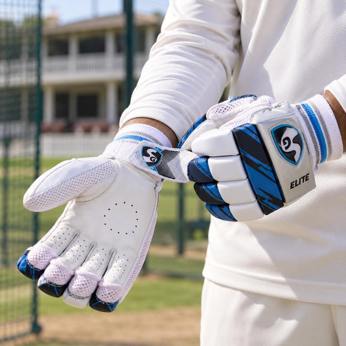 Cricketer using SG E-Lite Batting Gloves - Mens, Youth & Boys - practice lifestyle