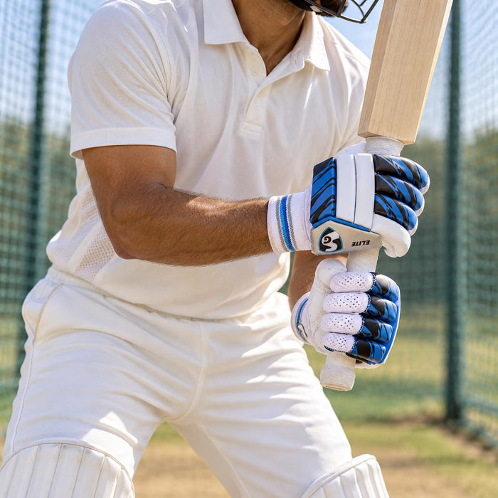 Cricketer using SG E-Lite Batting Gloves - Mens, Youth & Boys - wrist fastening and fit