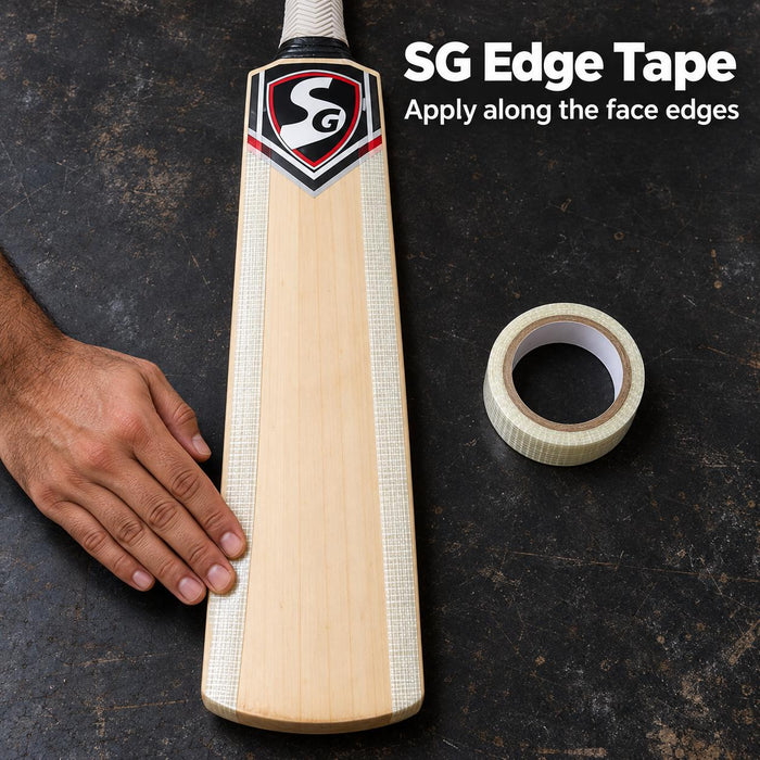 SG Edge Tape applied in two strips along the front face edges of a cricket bat