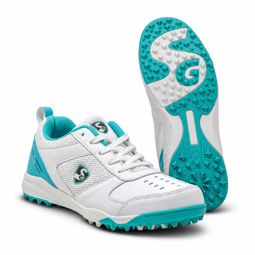 SG Fusion White Teal cricket shoes - pair showing front upper and complete studded sole