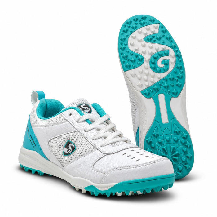 SG Fusion White Teal cricket shoes - pair showing front upper and complete studded sole