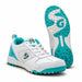 SG Fusion White Teal cricket shoes - pair showing front upper and complete studded sole