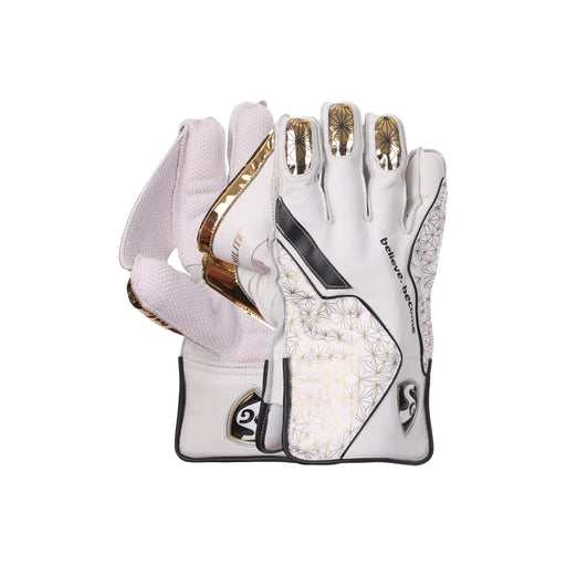 SG Hilite white and gold wicket keeping gloves pair showing the back design and palm grip