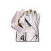 SG Hilite white and gold wicket keeping gloves pair showing the back design and palm grip