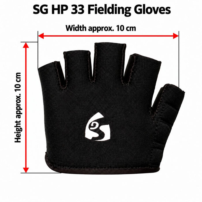 SG HP 33 fielding glove with arrows showing height approx. 10 cm and width approx. 10 cm