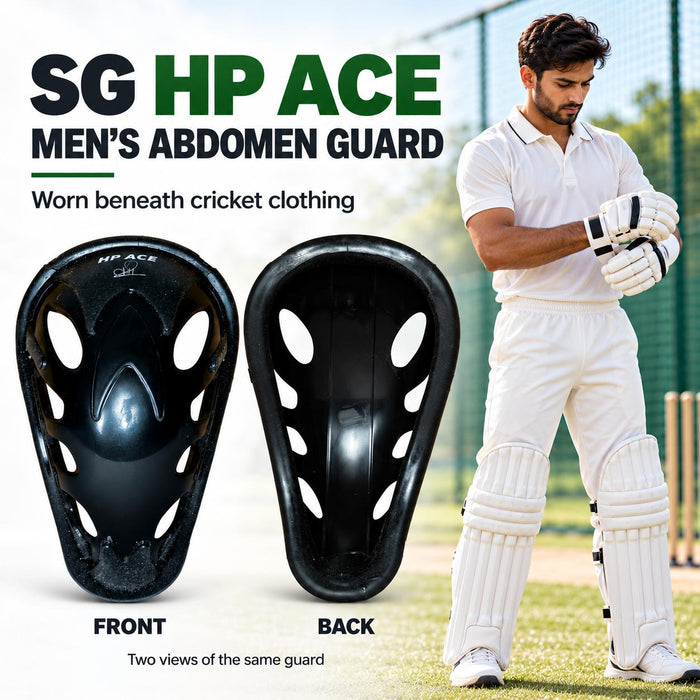 SG HP ACE Black cricket abdomen guard adult cricketer preparing for play with front and rear guard views
