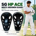SG HP ACE Black cricket abdomen guard adult cricketer preparing for play with front and rear guard views