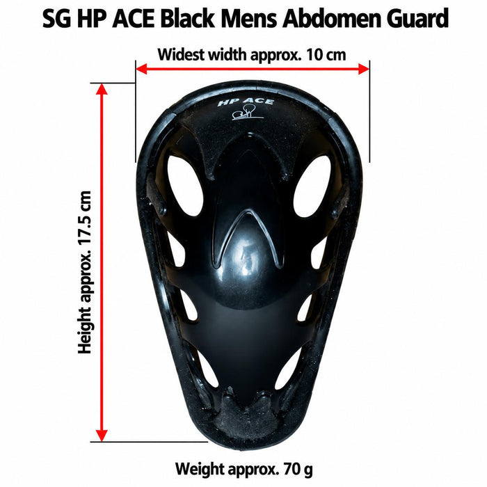 SG HP ACE Black Mens abdomen guard with red arrows showing height approx. 17.5 cm and widest width approx. 10 cm, with weight approx. 70 g