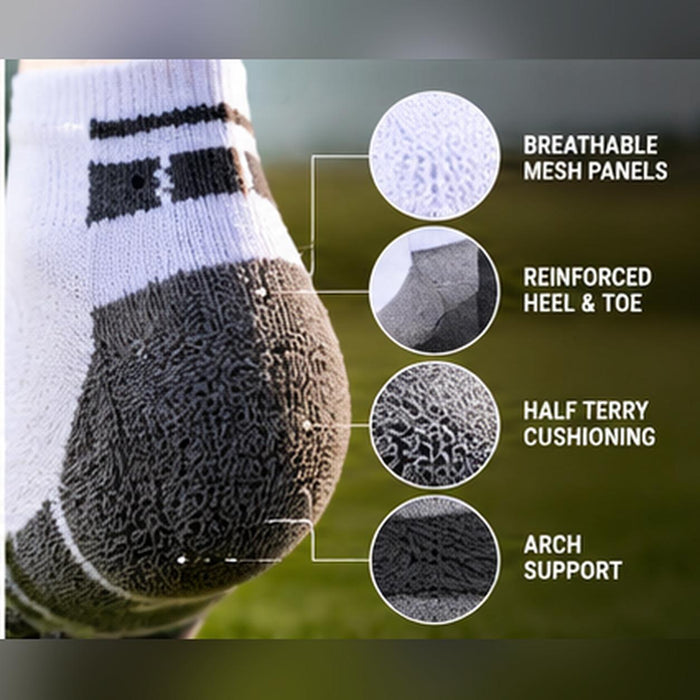 SG Jump white and dark grey sneaker socks close-up showing cushioned heel, knitted texture and reinforced heel design