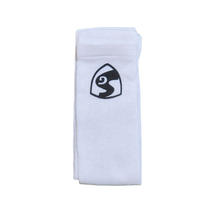 SG Legend white knitted elbow sleeve showing the black SG shield logo