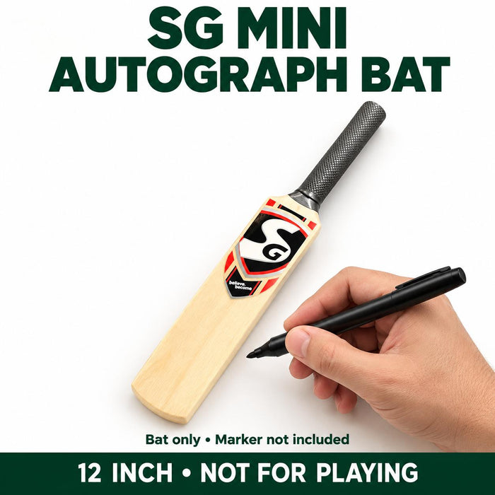 SG 12 inch unsigned mini autograph cricket bat with a hand holding a marker, not for playing