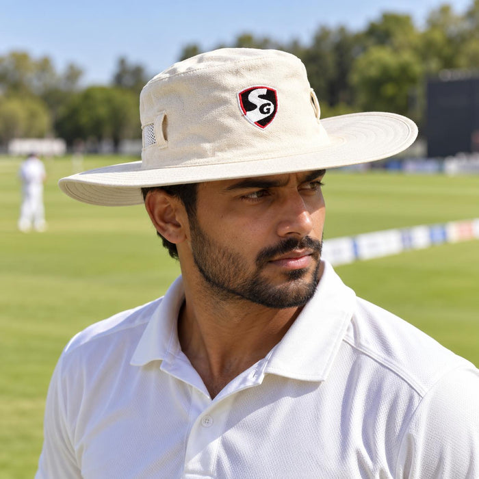 Cricketer using SG Panama Supreme Cricket Sun Hat - Natural Off White - practice lifestyle