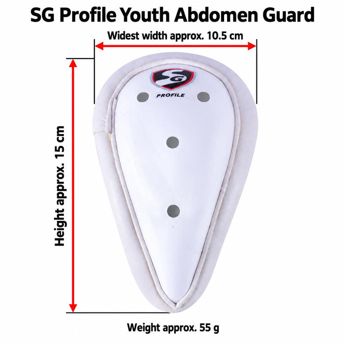 SG Profile Youth abdomen guard with red arrows showing height approx. 15 cm and widest width approx. 10.5 cm, with weight approx. 55 g