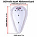 SG Profile Youth abdomen guard with red arrows showing height approx. 15 cm and widest width approx. 10.5 cm, with weight approx. 55 g