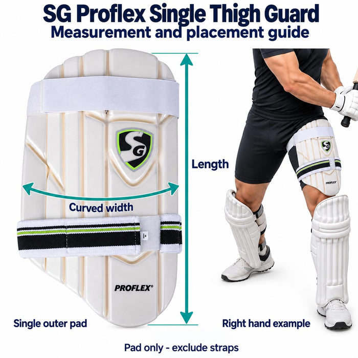 SG Proflex single outer thigh guard actual shape with pad-only length, curved width and leading thigh fitting example