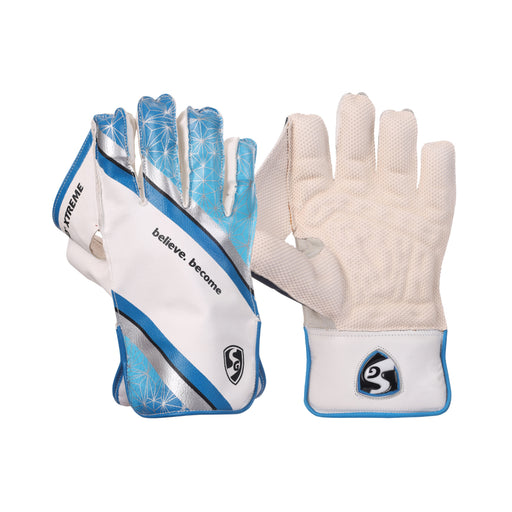 SG RSD Xtreme wicket keeping gloves pair showing the blue and white back design and textured rubber palm