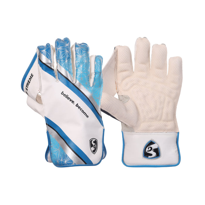 SG RSD Xtreme wicket keeping gloves pair showing the blue and white back design and textured rubber palm