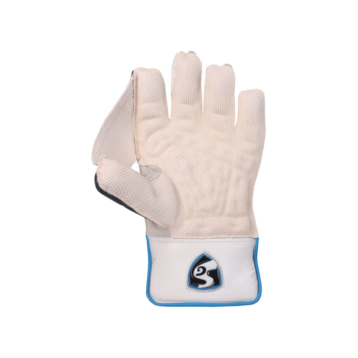 SG RSD Xtreme wicket keeping glove textured rubber palm facing and white cuff with SG logo