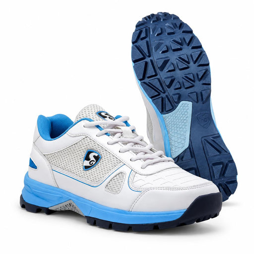 SG Scorer White/Aqua Cricket Shoes - pair showing front upper and complete sole