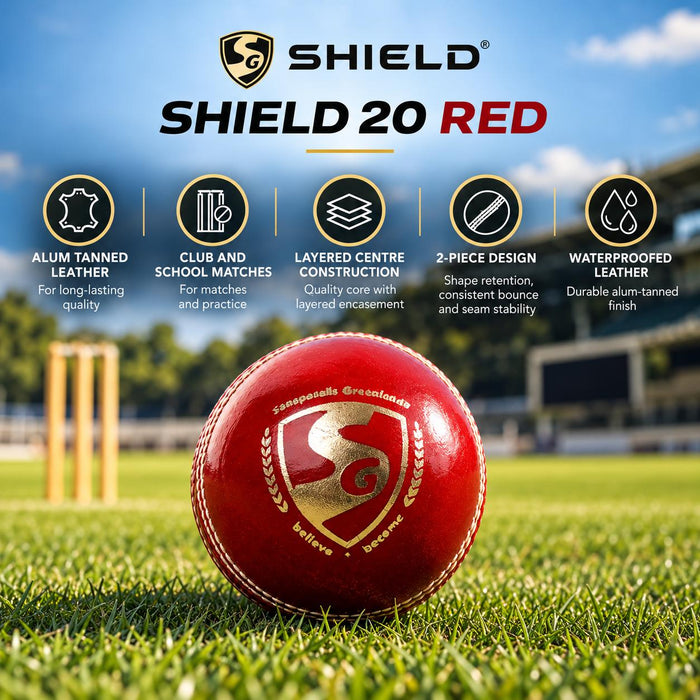 SG Shield 20 red cricket ball features: alum-tanned leather, layered centre, two-piece construction and club or school match use
