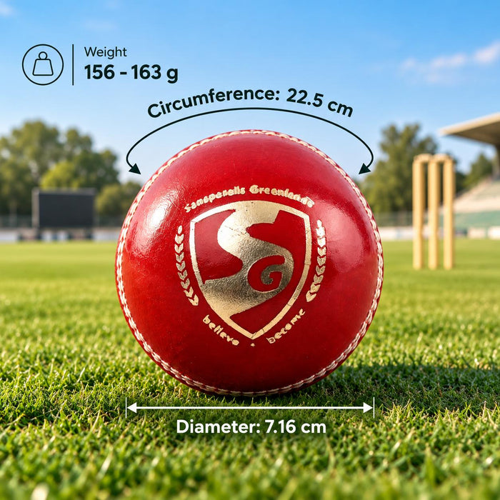 SG Shield 20 red cricket ball specification guide: weight 156-163 g, circumference 22.5 cm and diameter 7.16 cm