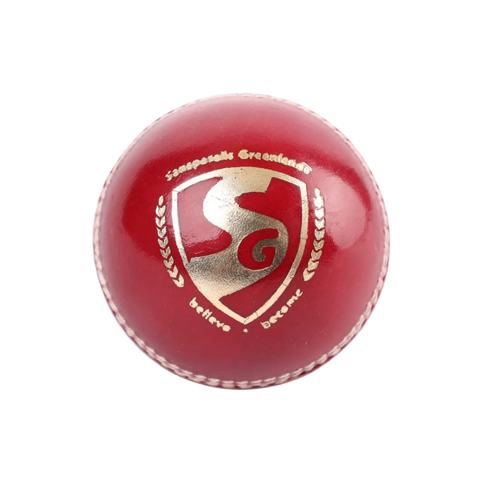 SG Shield 20 red leather cricket ball with gold SG shield branding
