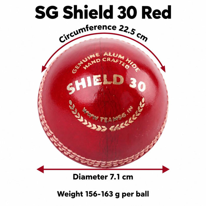 SG Shield 30 Red cricket ball - diameter 7.1 cm, circumference 22.5 cm, weight 156-163 g per ball